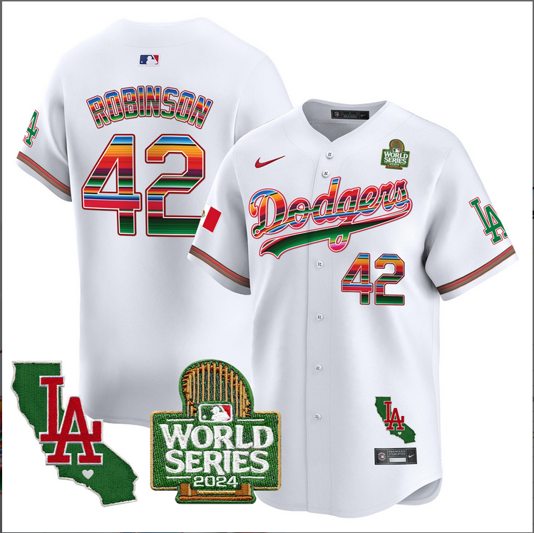 Men MLB Mexico Los Angeles Dodgers 42 Robinson white 2024 World Series Champions Patch Jersey 20241105